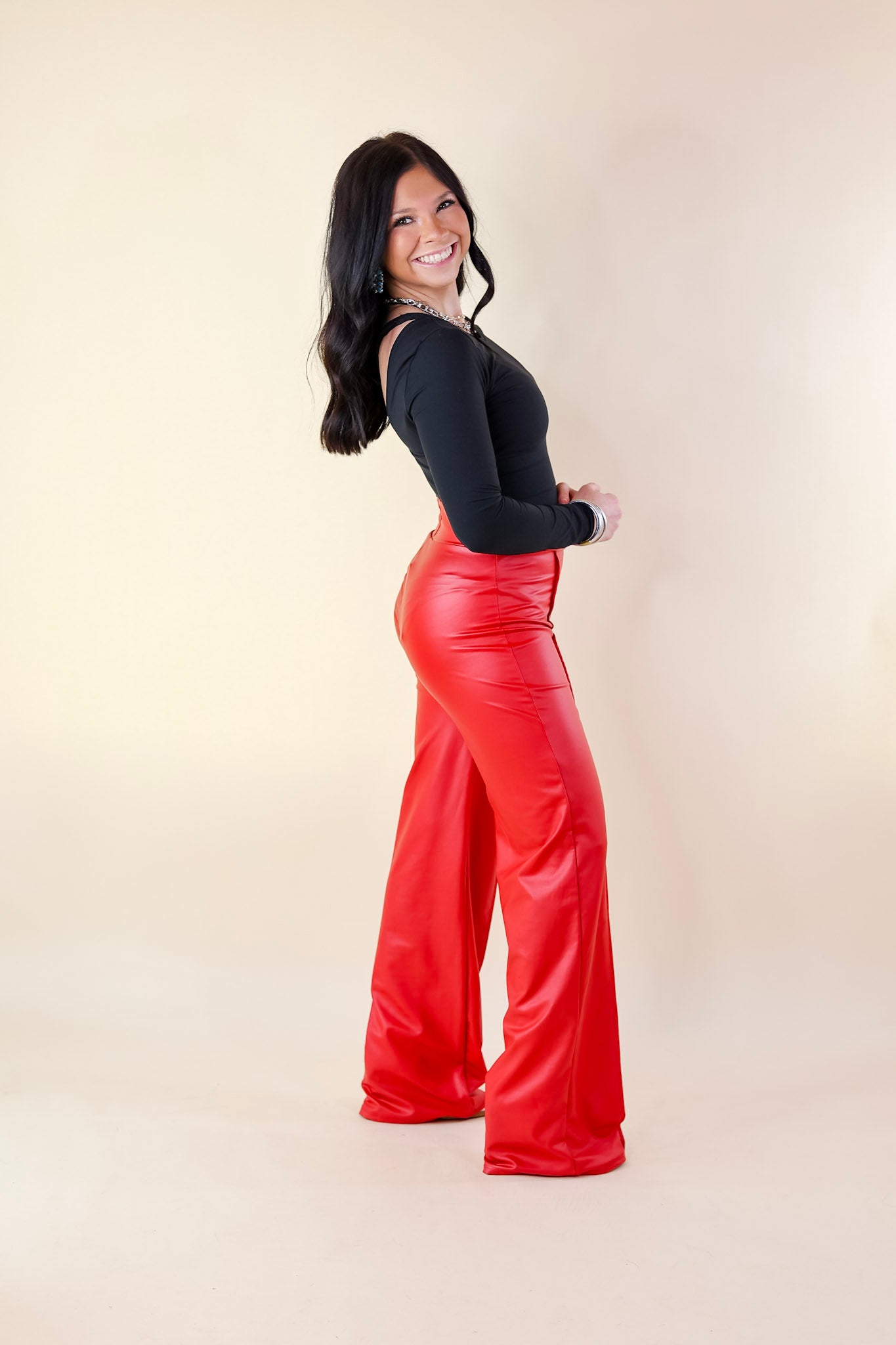 Advice For You Straight Leg Faux Leather Straight Leg with Front Seam in Red - Giddy Up Glamour Boutique