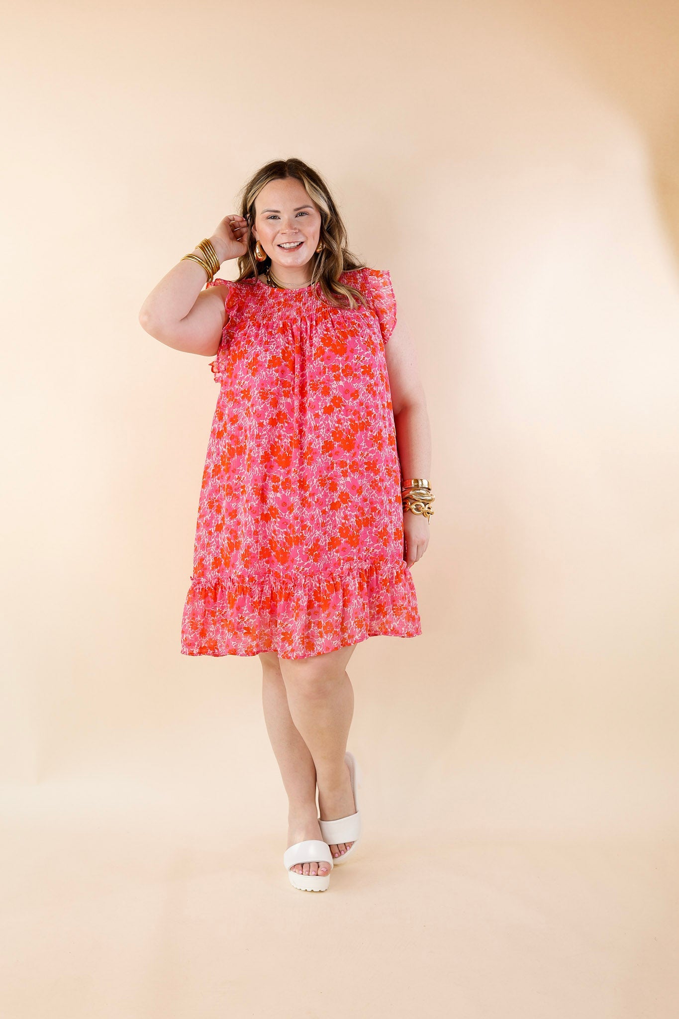 New To The Scene Floral Dress with Ruffle Cap Sleeves in Red and Pink - Giddy Up Glamour Boutique