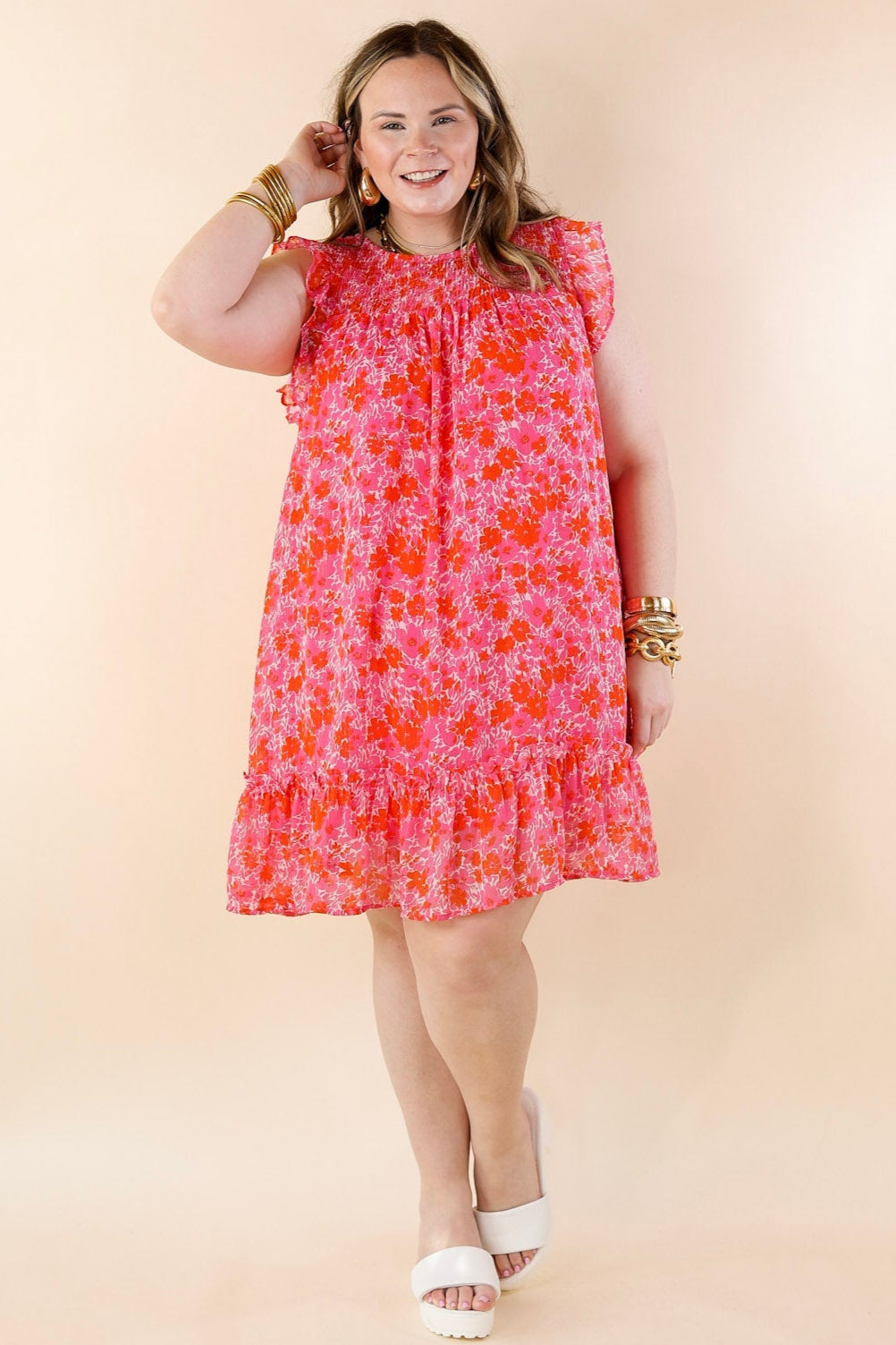 New To The Scene Floral Dress with Ruffle Cap Sleeves in Red and Pink - Giddy Up Glamour Boutique