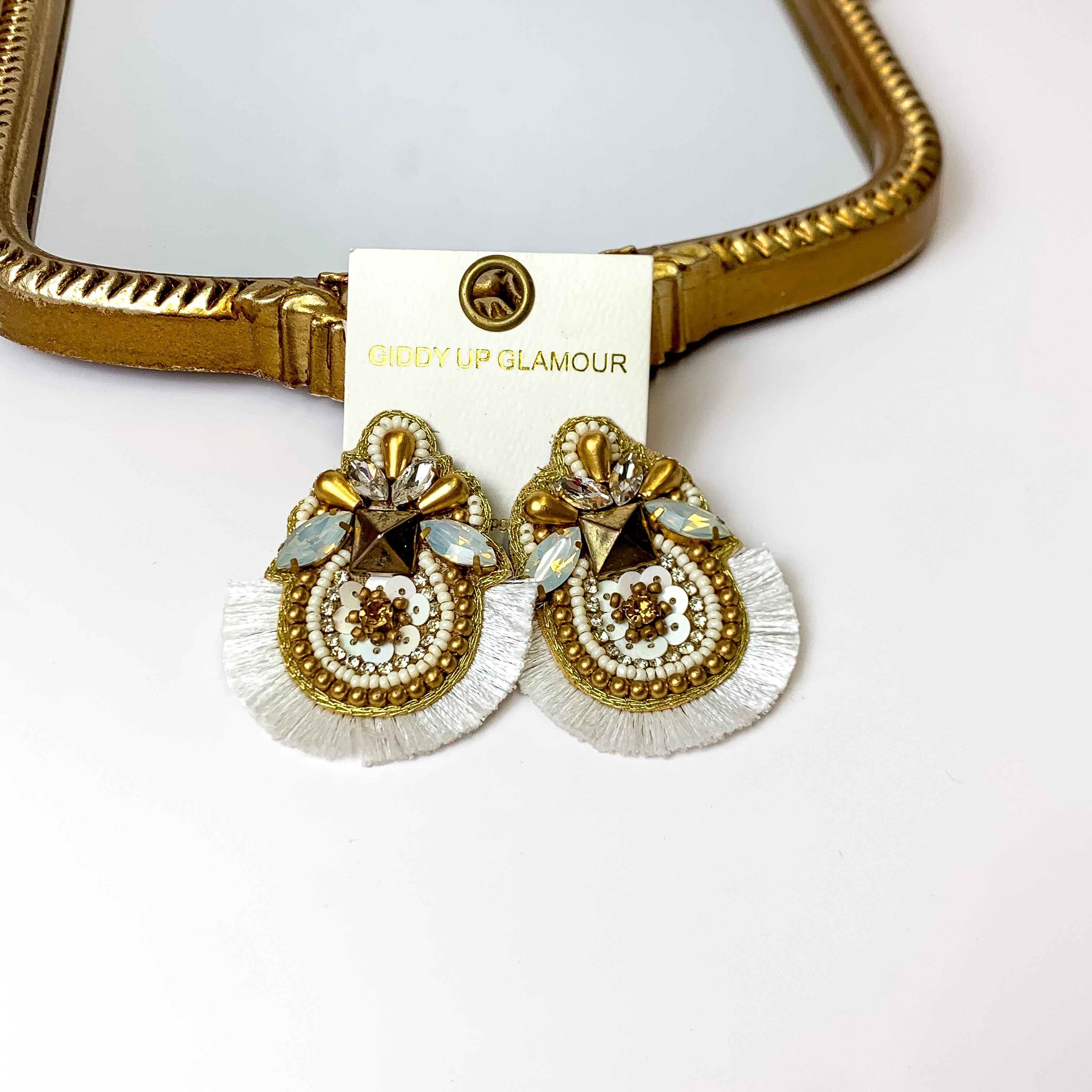 Beaded Statement Earrings with Fringe Outline in White and Gold - Giddy Up Glamour Boutique