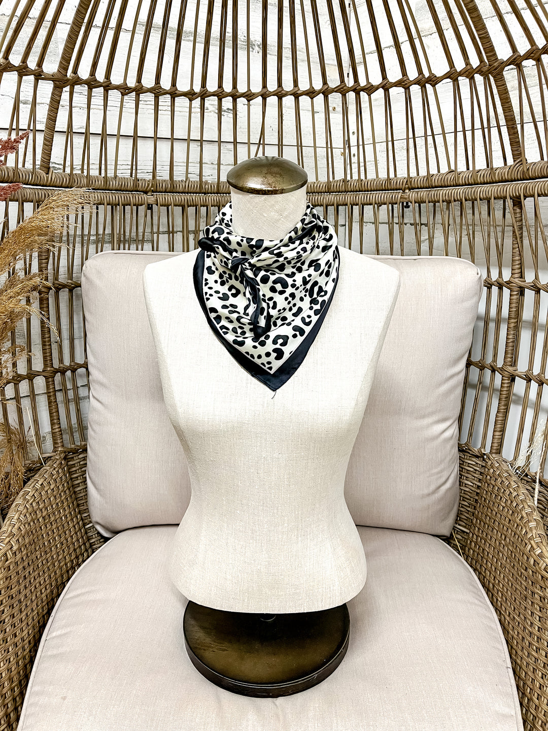 Wild Elegance Silk Feel Square Scarf in Black and Ivory Leopard Print