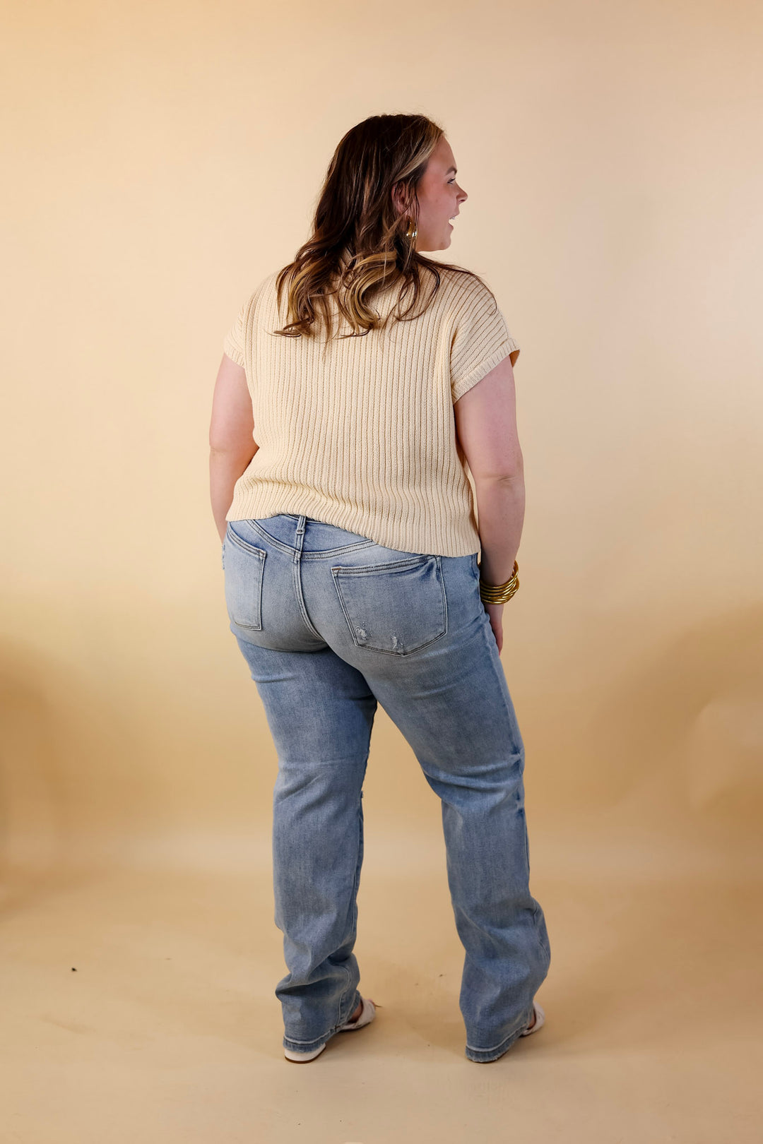 City Sights Cap Sleeve Summer Sweater Top with Pocket in Beige - Giddy Up Glamour Boutique