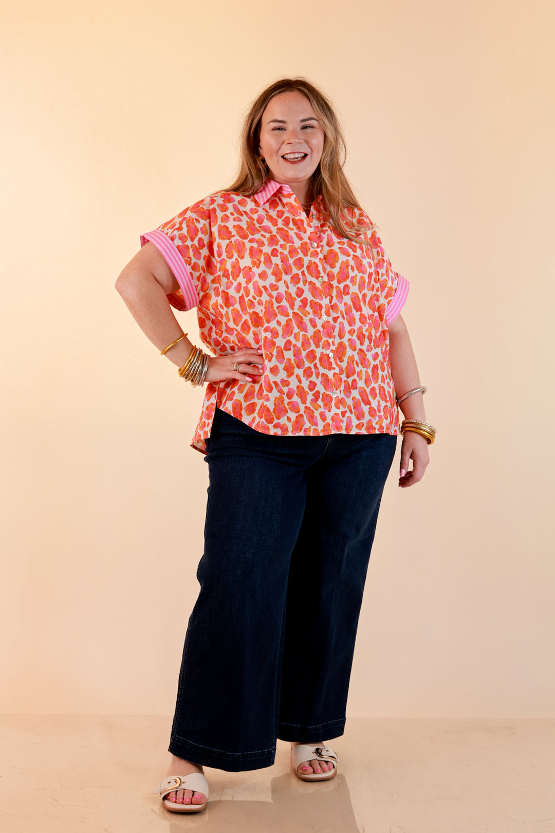 Talk the Talk Leopard Print Button Front Top with Stripe Contrast Collar in Pink and Orange