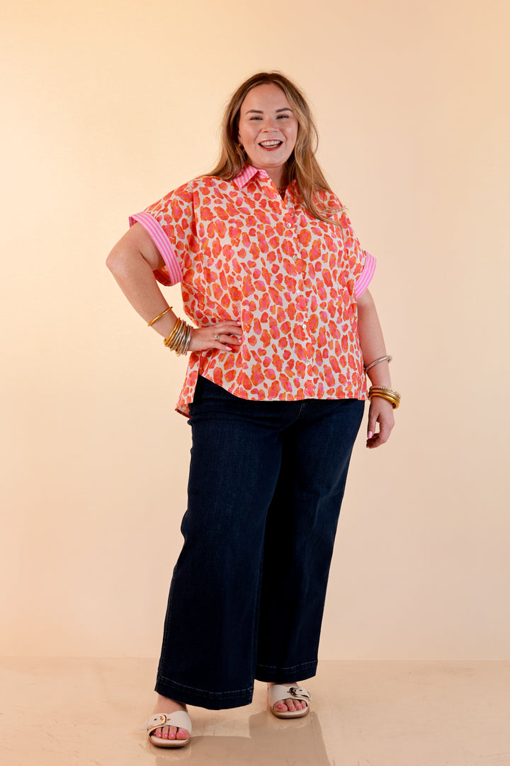 Talk the Talk Leopard Print Button Front Top with Stripe Contrast Collar in Pink and Orange