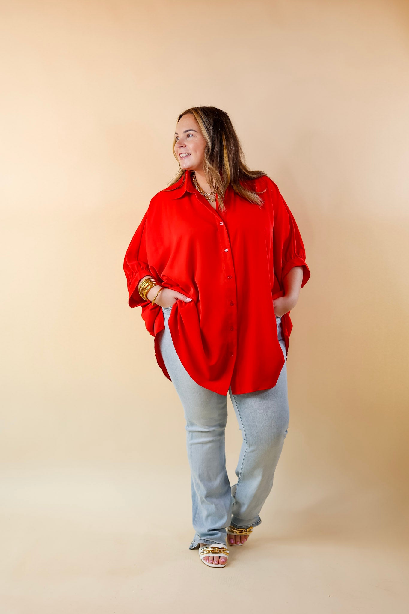 City Lifestyle Button Up Half Sleeve Poncho Top in Red - Giddy Up Glamour Boutique