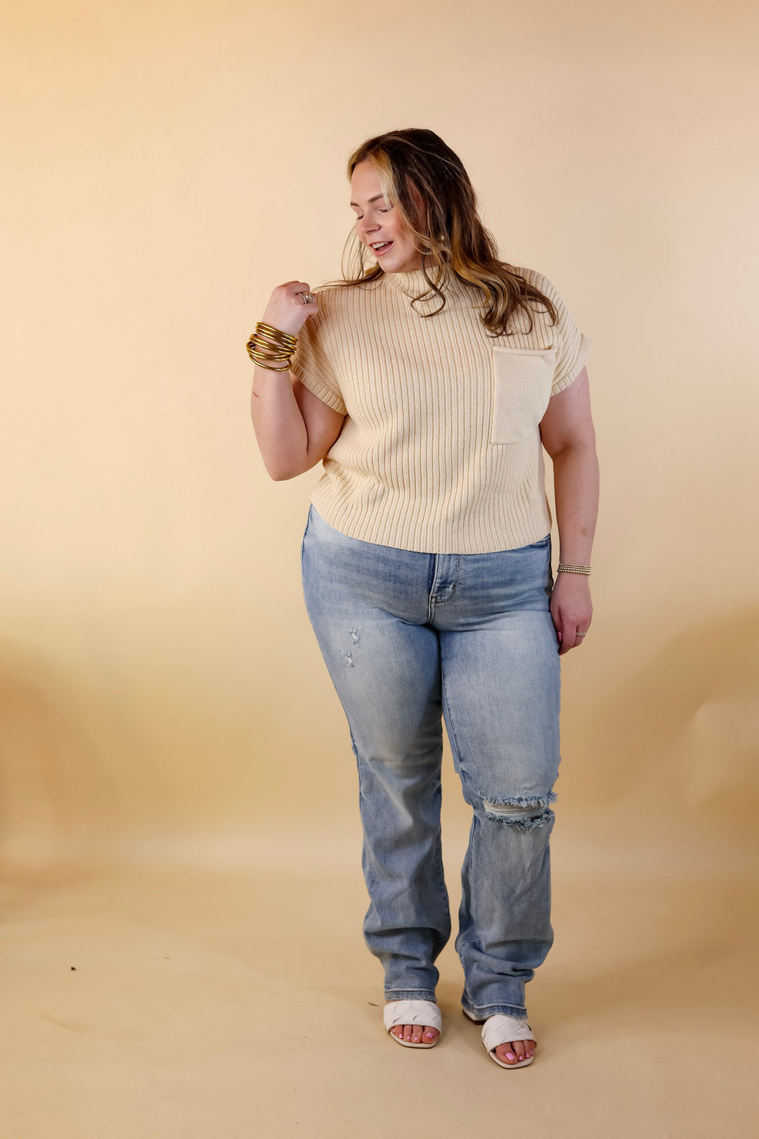 City Sights Cap Sleeve Summer Sweater Top with Pocket in Beige - Giddy Up Glamour Boutique