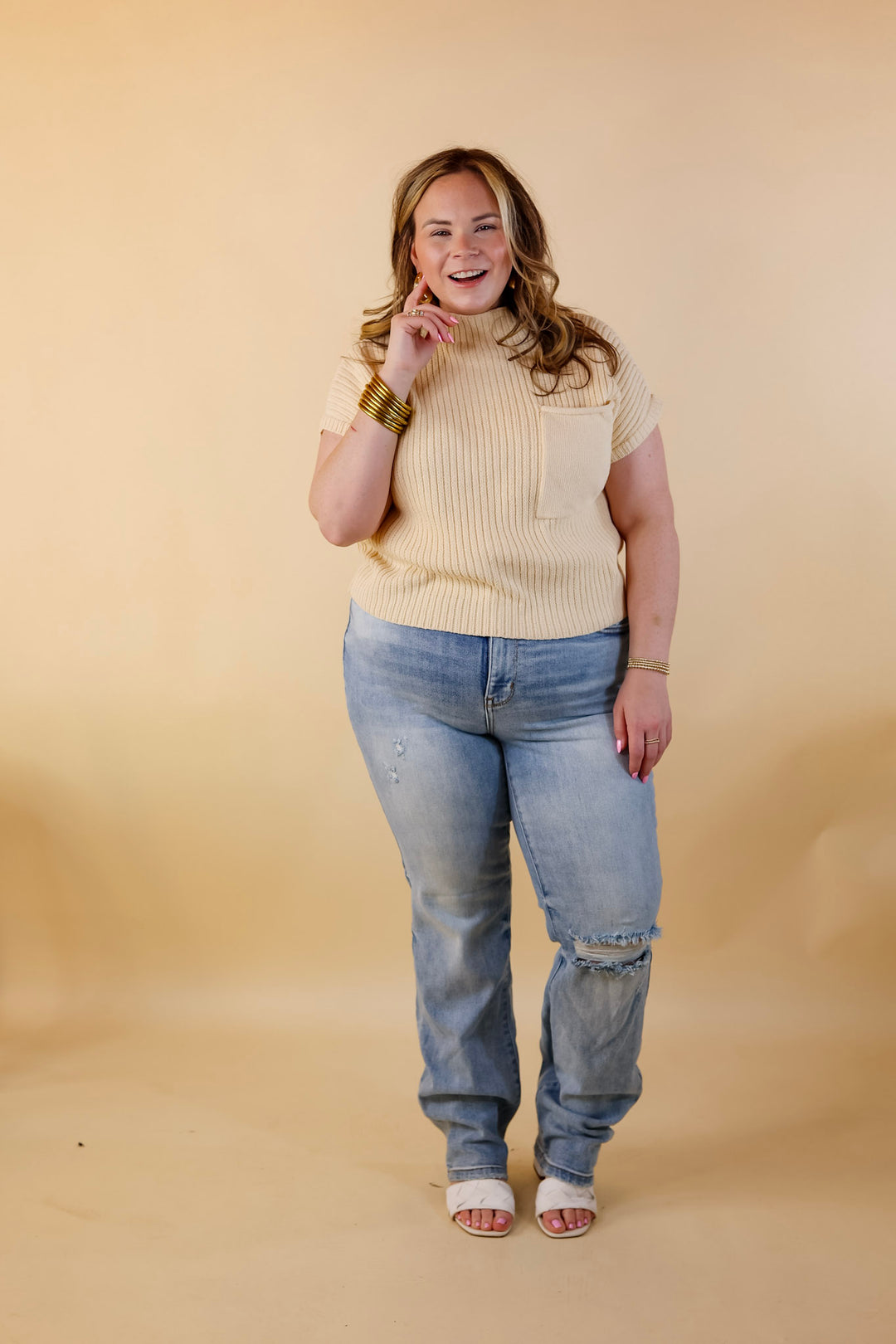 City Sights Cap Sleeve Summer Sweater Top with Pocket in Beige - Giddy Up Glamour Boutique