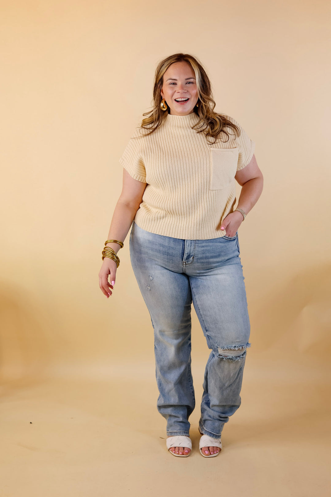 City Sights Cap Sleeve Summer Sweater Top with Pocket in Beige - Giddy Up Glamour Boutique