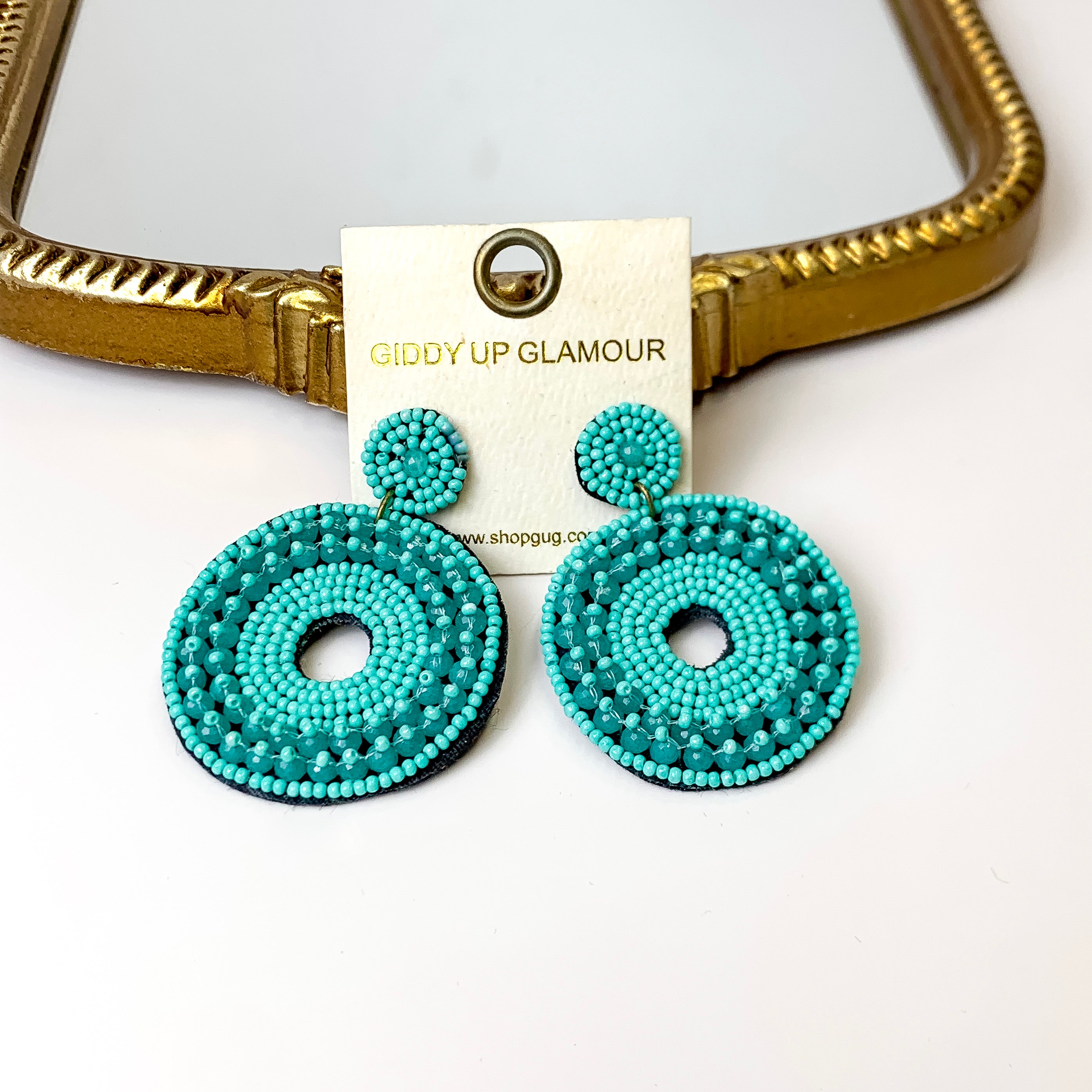 Seed Bead Circle Drop Earrings in Teal Blue - Giddy Up Glamour Boutique