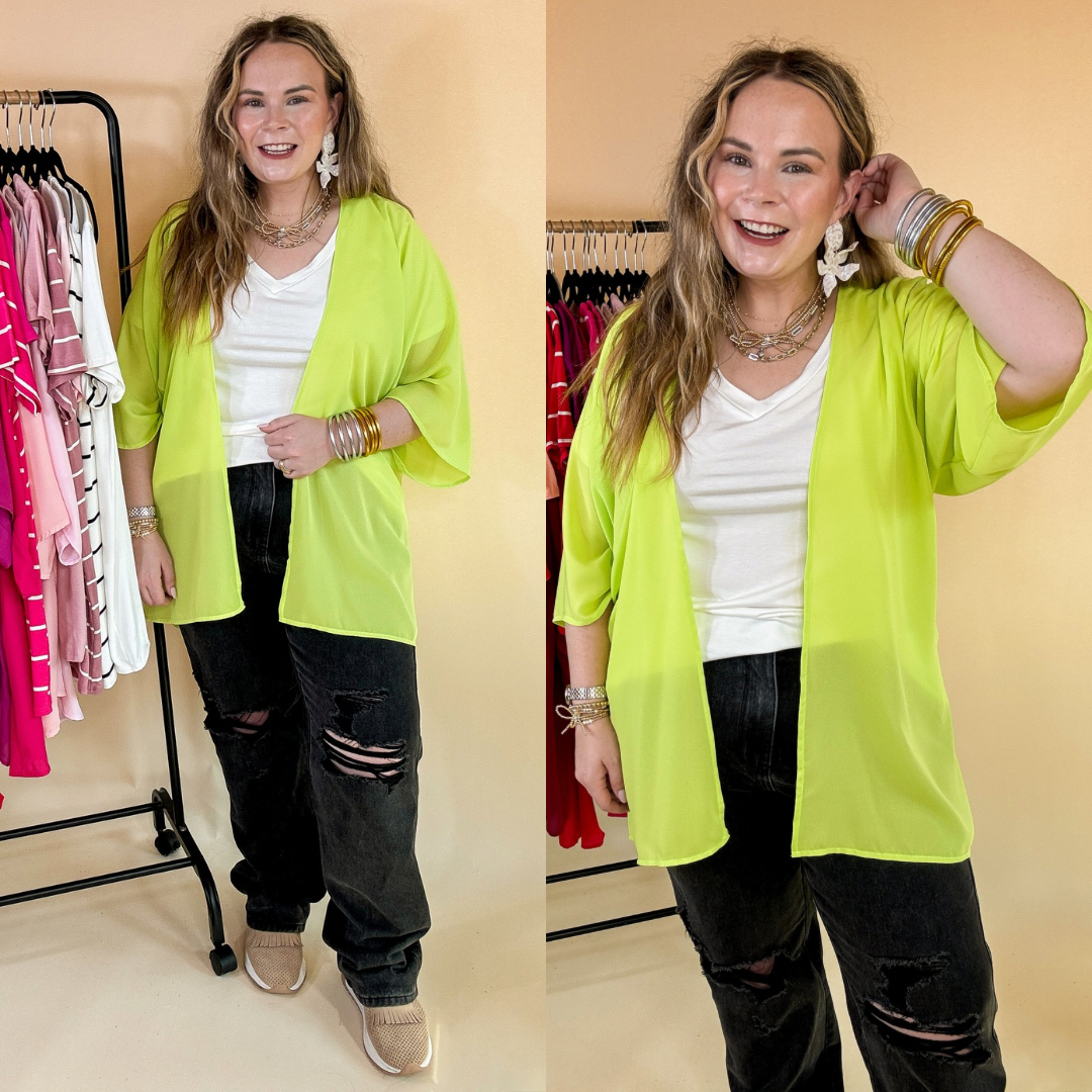 Like a Melody Solid Sheer Kimono in Lime Green