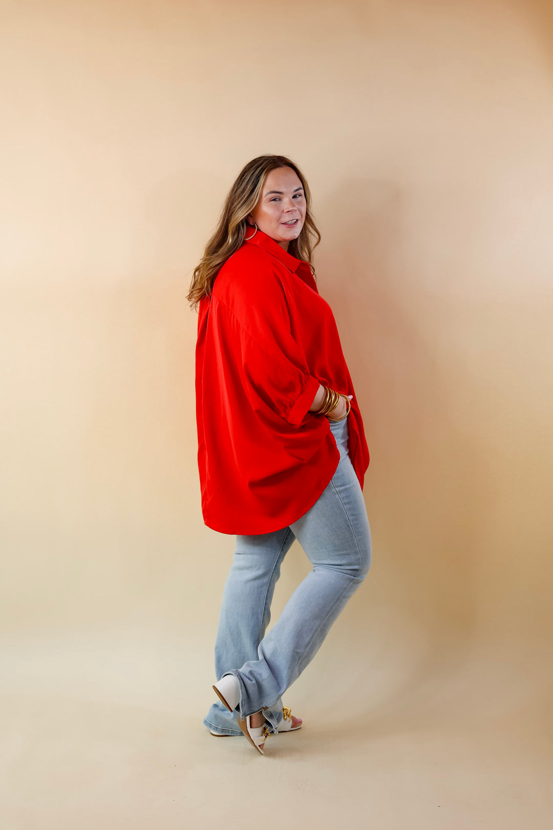 City Lifestyle Button Up Half Sleeve Poncho Top in Red - Giddy Up Glamour Boutique