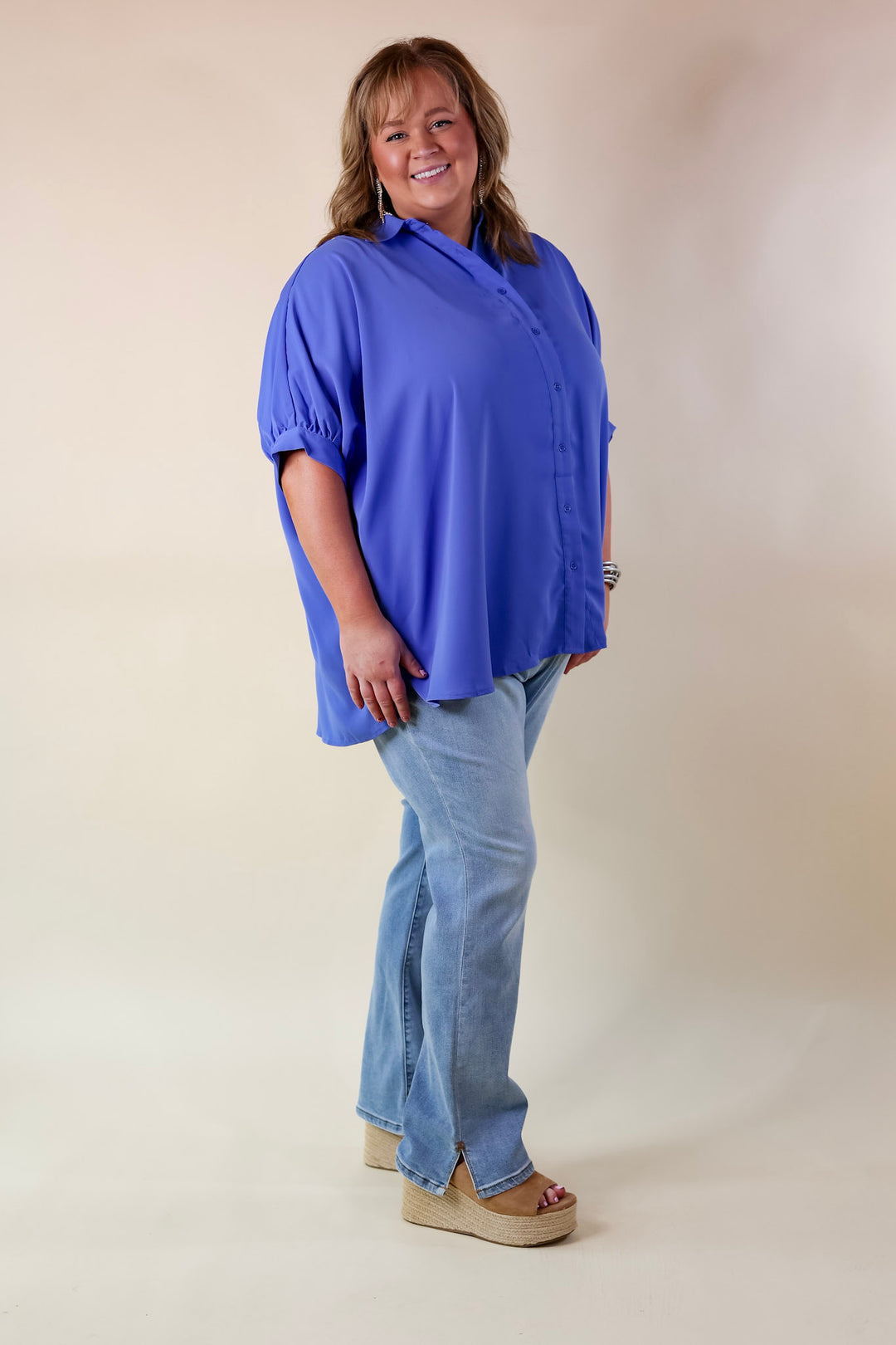 City Lifestyle Button Up Half Sleeve Poncho Top in Chambray Blue - Giddy Up Glamour Boutique