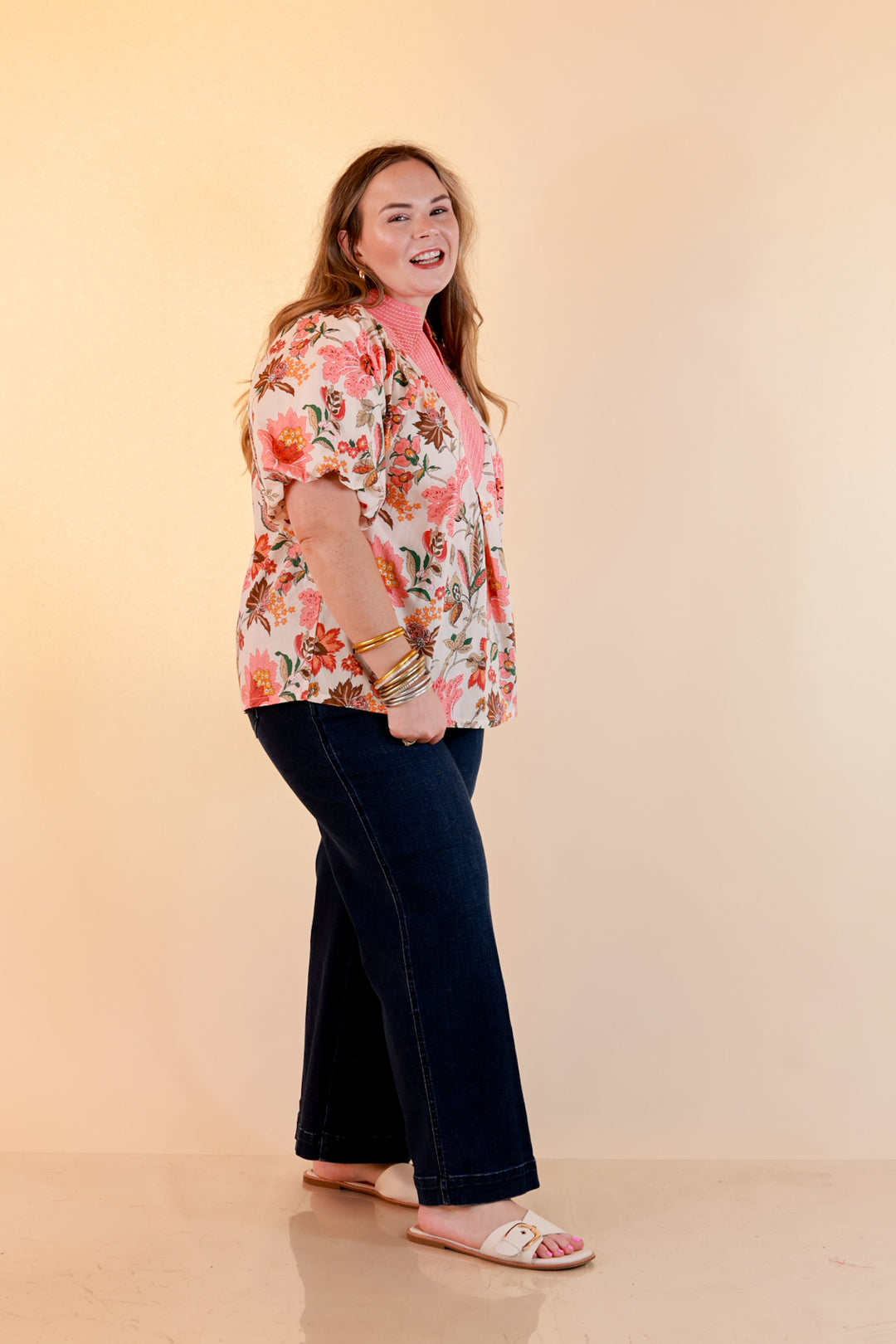 Secret Garden Floral Print Top with Contrast Collar and Puff Sleeves in Pink Multi