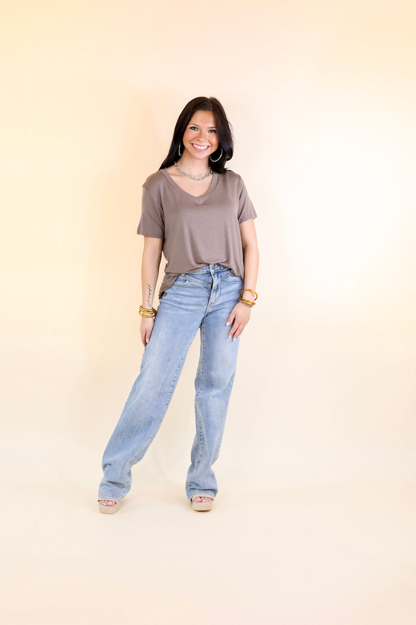 It's That Simple Solid V Neck Tee in Taupe