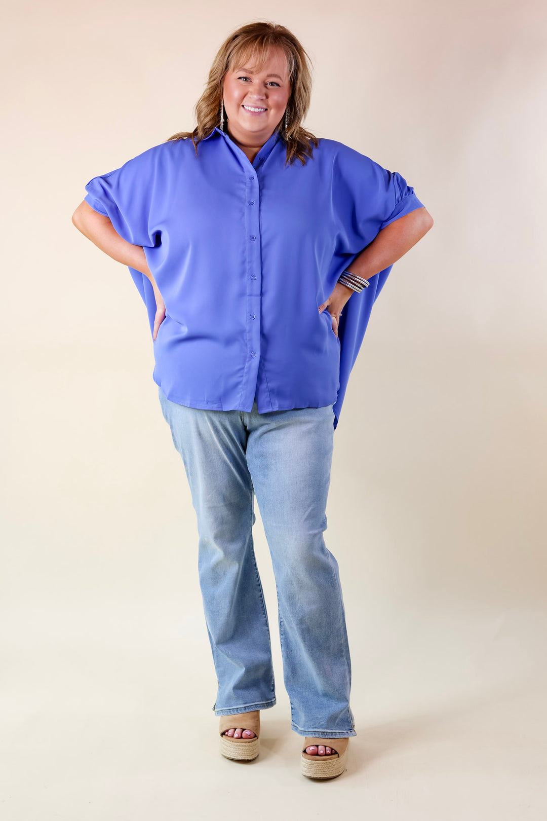 City Lifestyle Button Up Half Sleeve Poncho Top in Chambray Blue - Giddy Up Glamour Boutique