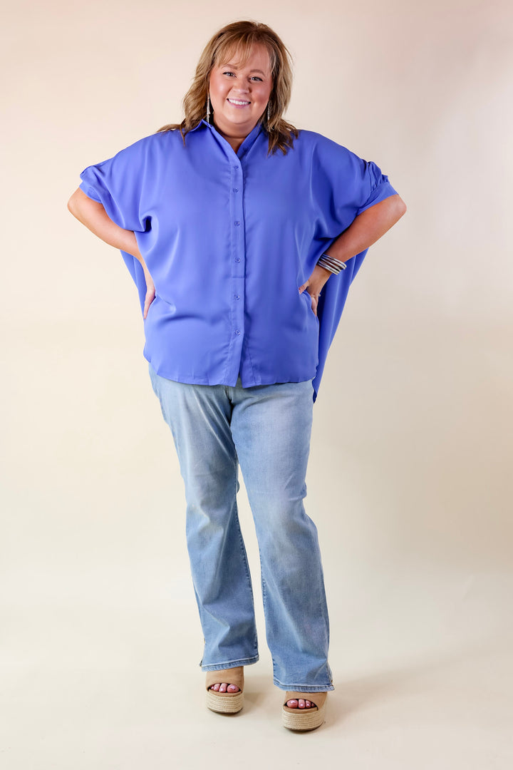 City Lifestyle Button Up Half Sleeve Poncho Top in Chambray Blue - Giddy Up Glamour Boutique