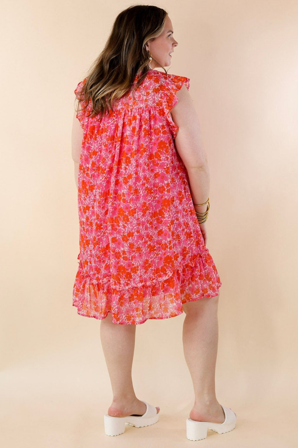 New To The Scene Floral Dress with Ruffle Cap Sleeves in Red and Pink - Giddy Up Glamour Boutique