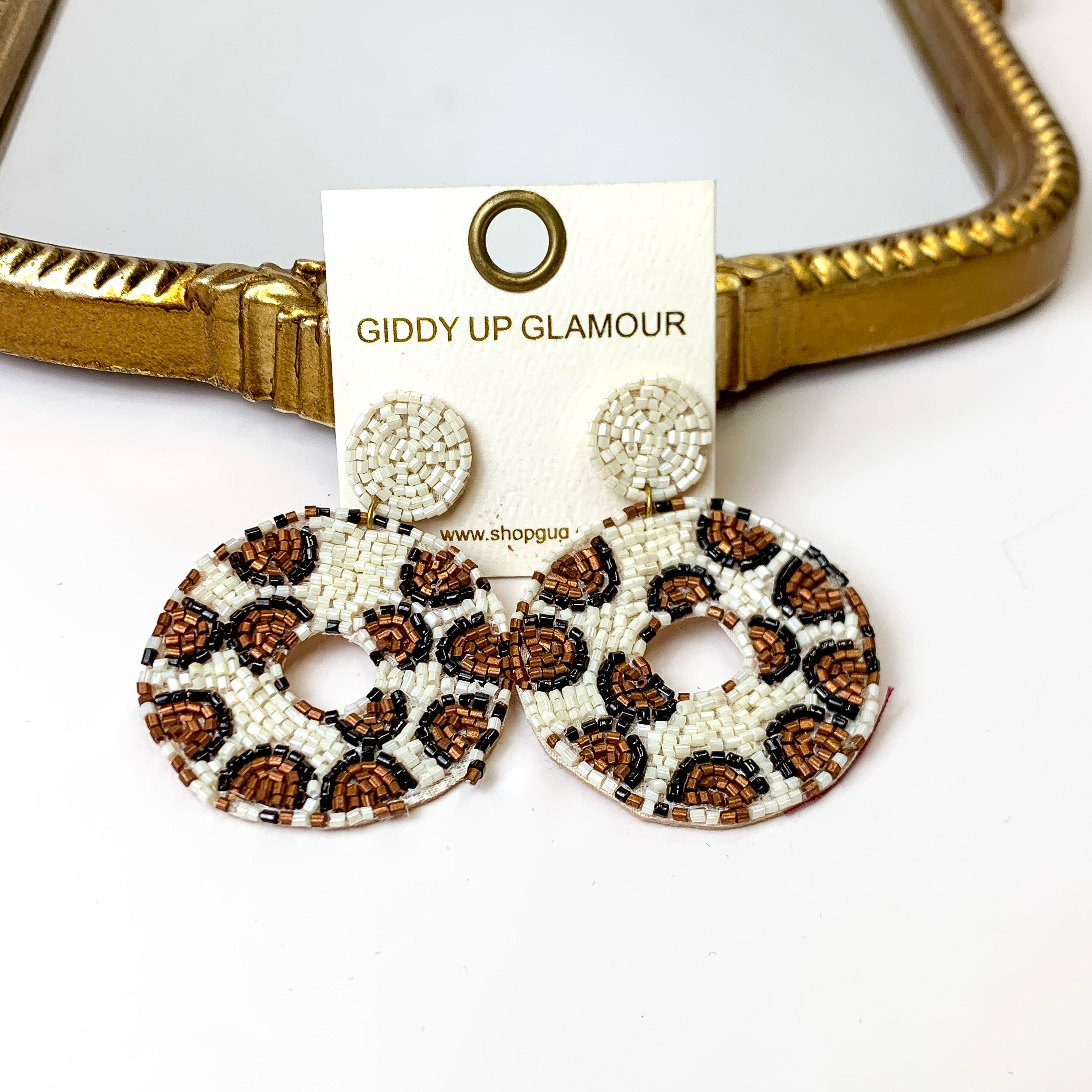 Seed Beaded Leopard Print Circle Drop Earrings in White - Giddy Up Glamour Boutique