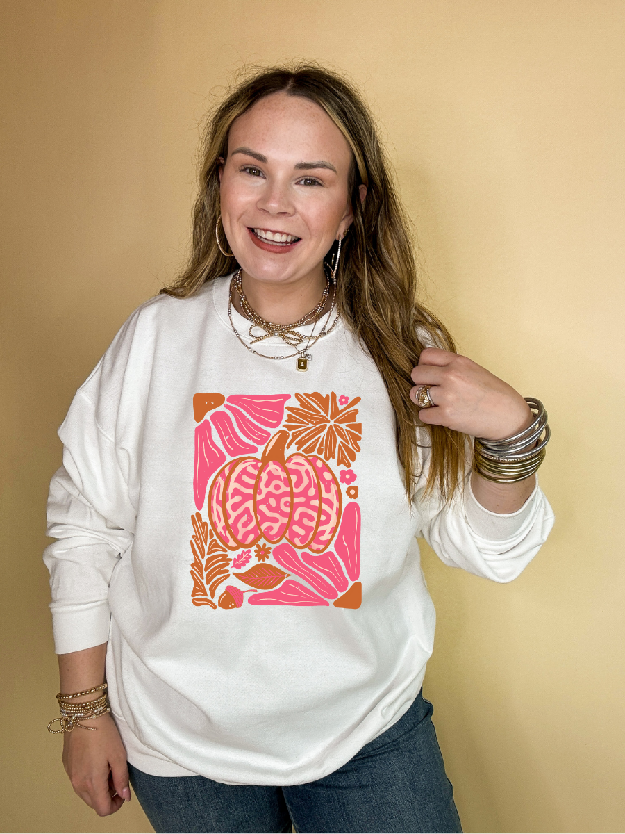 Online Exclusive | Groovy Pink Pumpkin Graphic Sweatshirt in Multiple Color Options