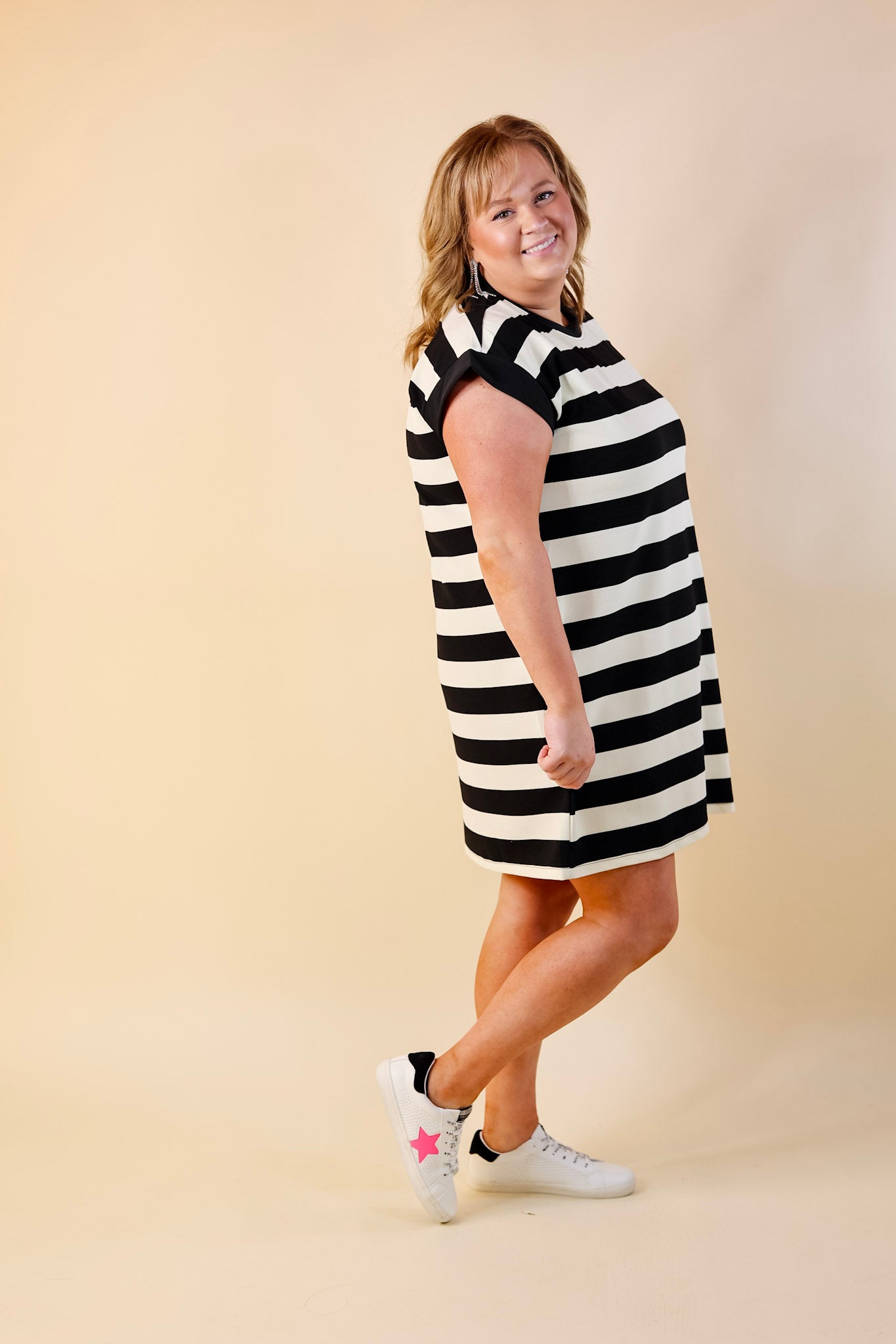 Stripe it Simple Striped Dress with Cap Sleeves in Black and Cream - Giddy Up Glamour Boutique
