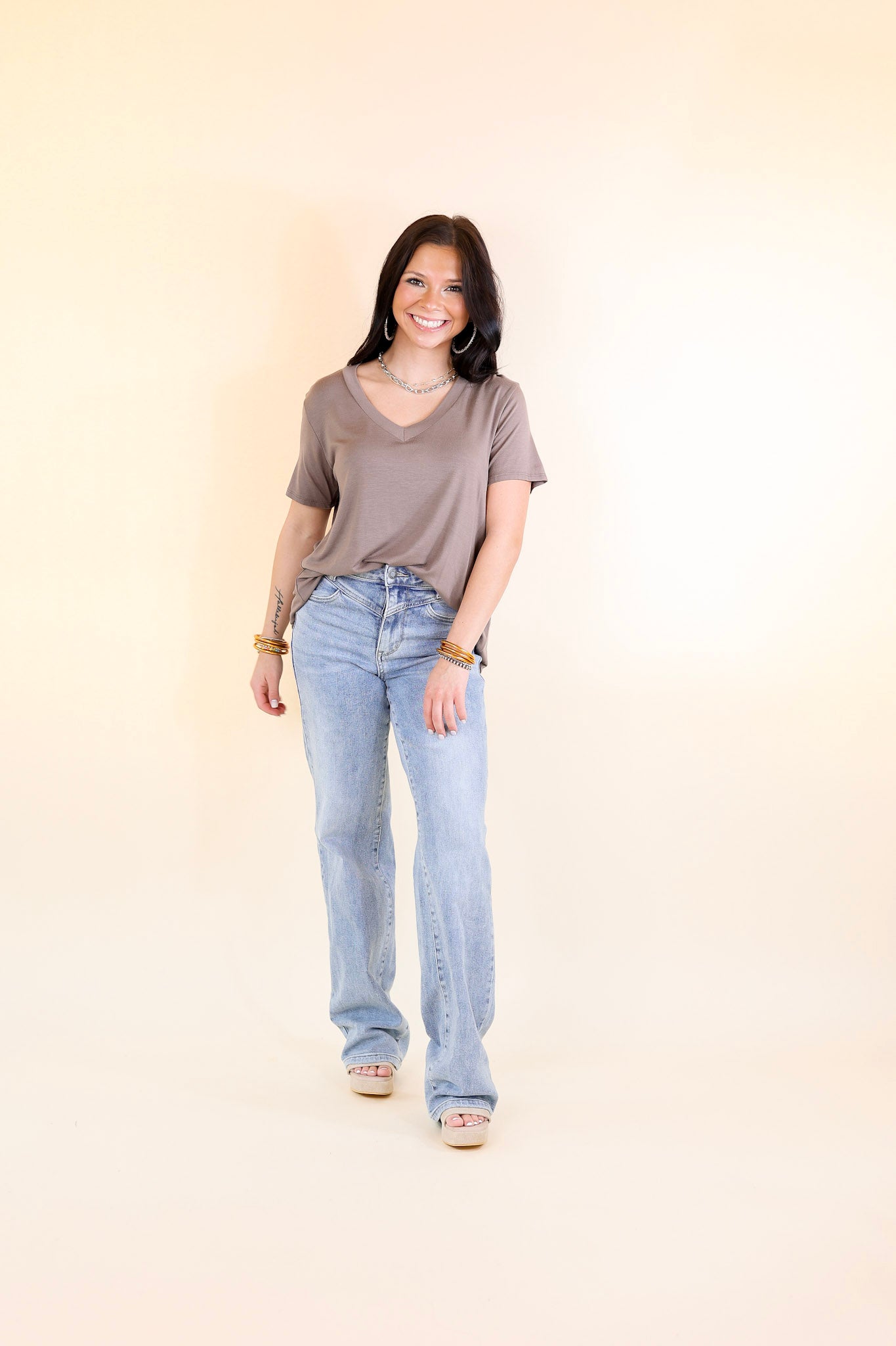 It's That Simple Solid V Neck Tee in Taupe