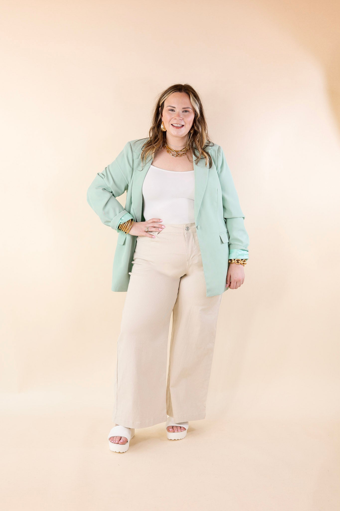 Winning Awards Long Sleeve Blazer in Mint Green - Giddy Up Glamour Boutique