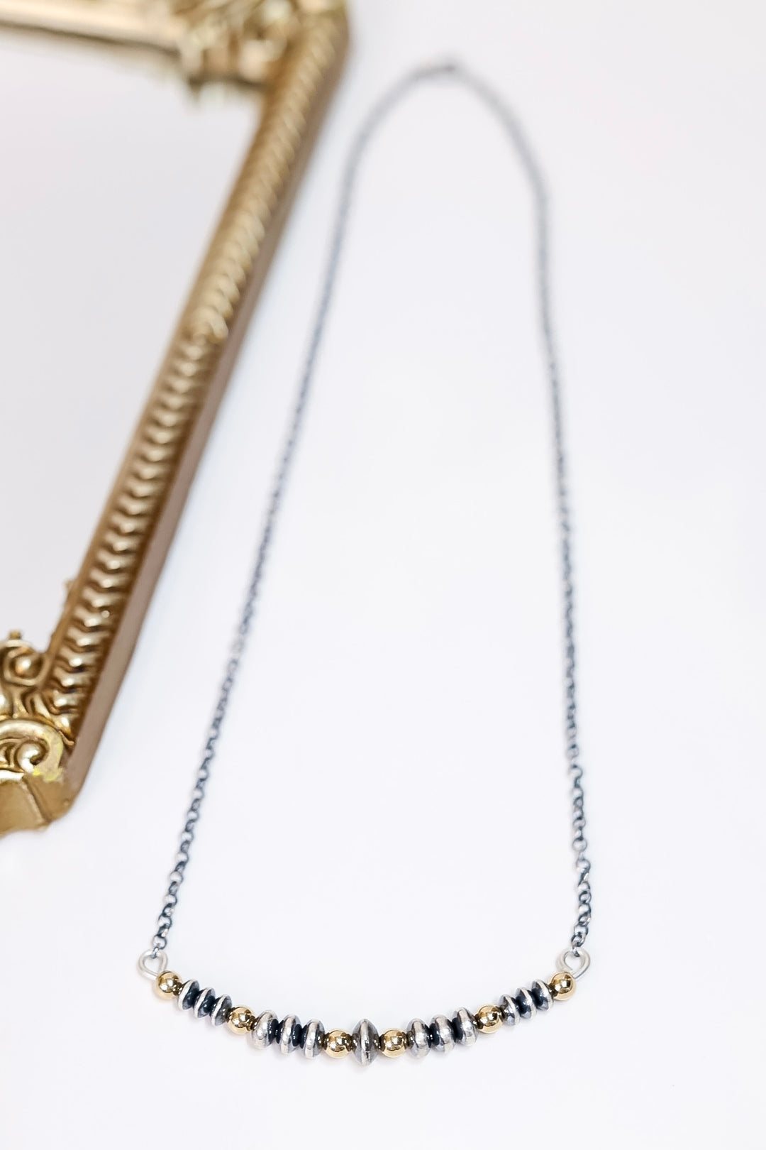 Handmade Sterling Silver Navajo Pearl Saucer & 14K Gold Bar Necklace Necklace