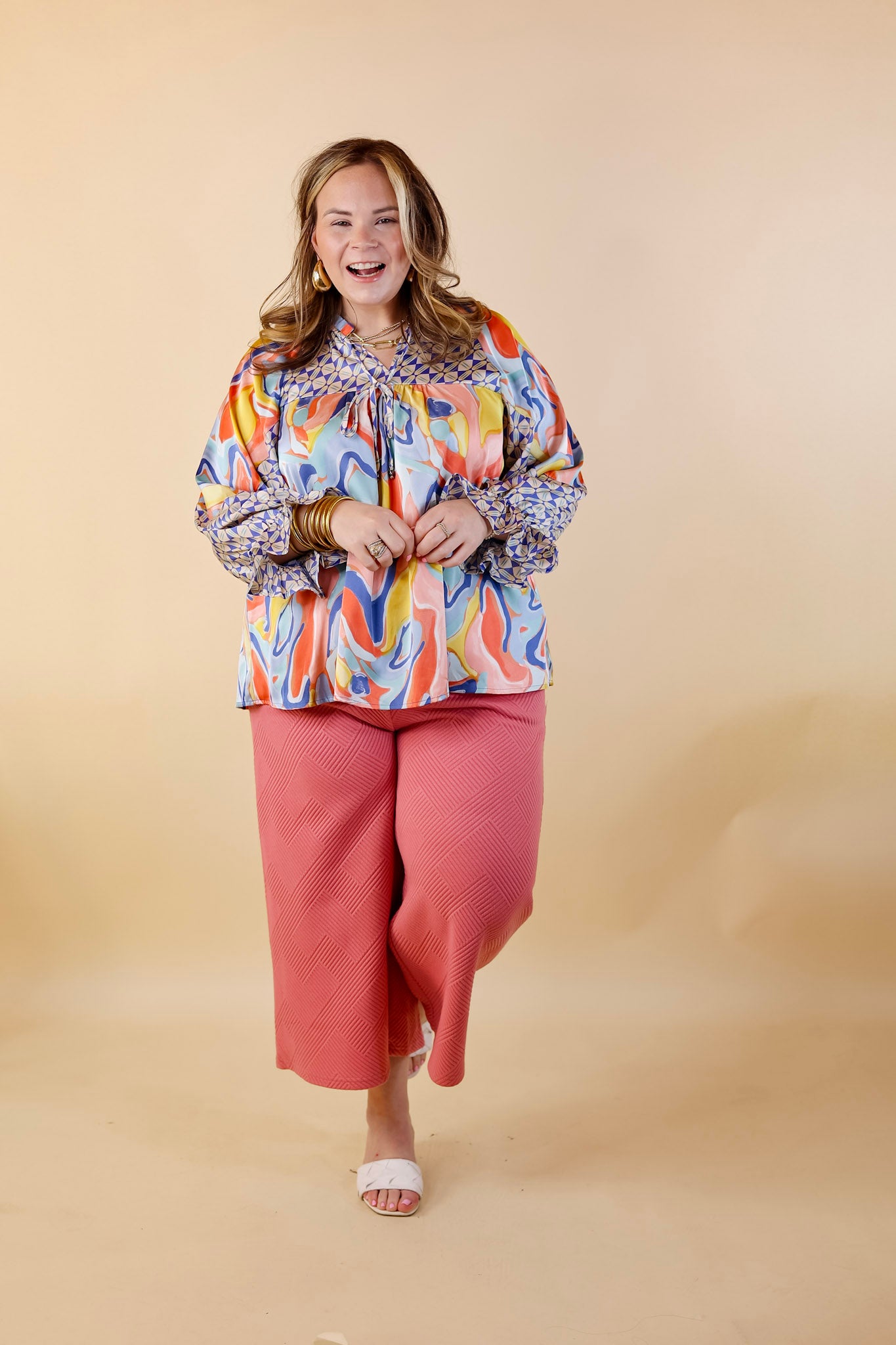 Keen On You Mix Print Blouse with Keyhole and Tie Neckline in Blue Mix - Giddy Up Glamour Boutique