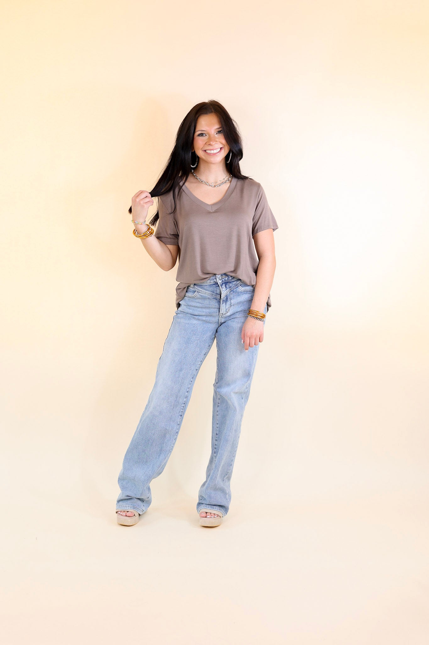 It's That Simple Solid V Neck Tee in Taupe