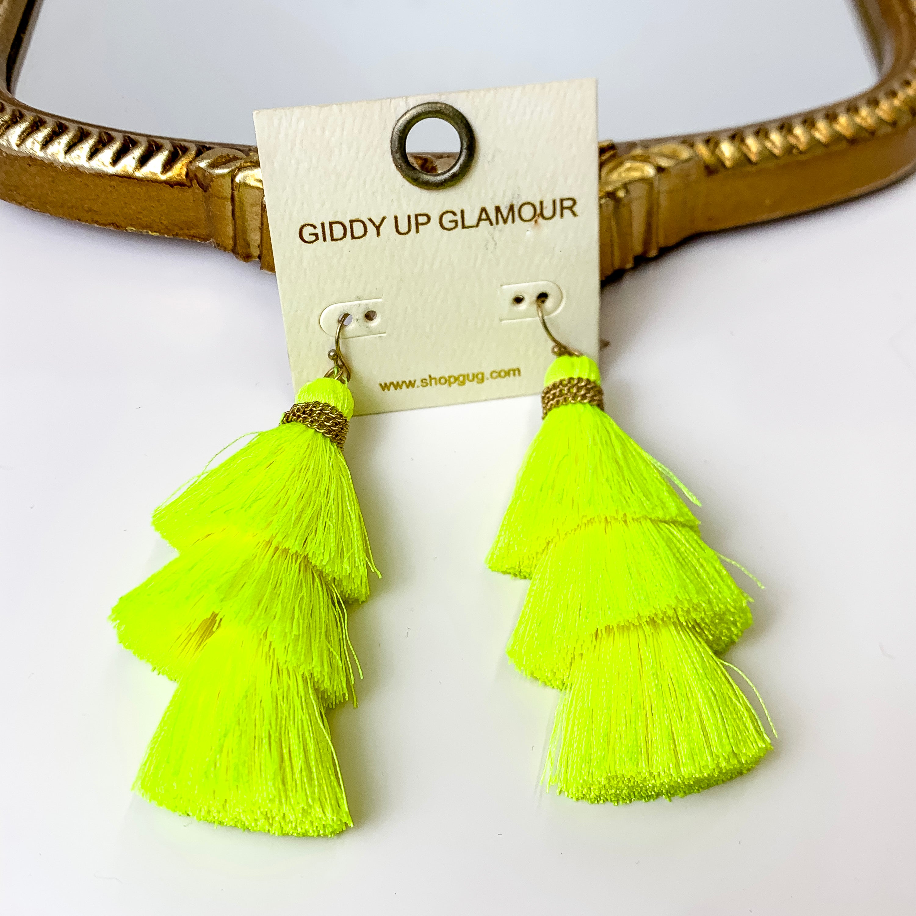 Three Tiered Tassel Earrings in Neon Yellow - Giddy Up Glamour Boutique