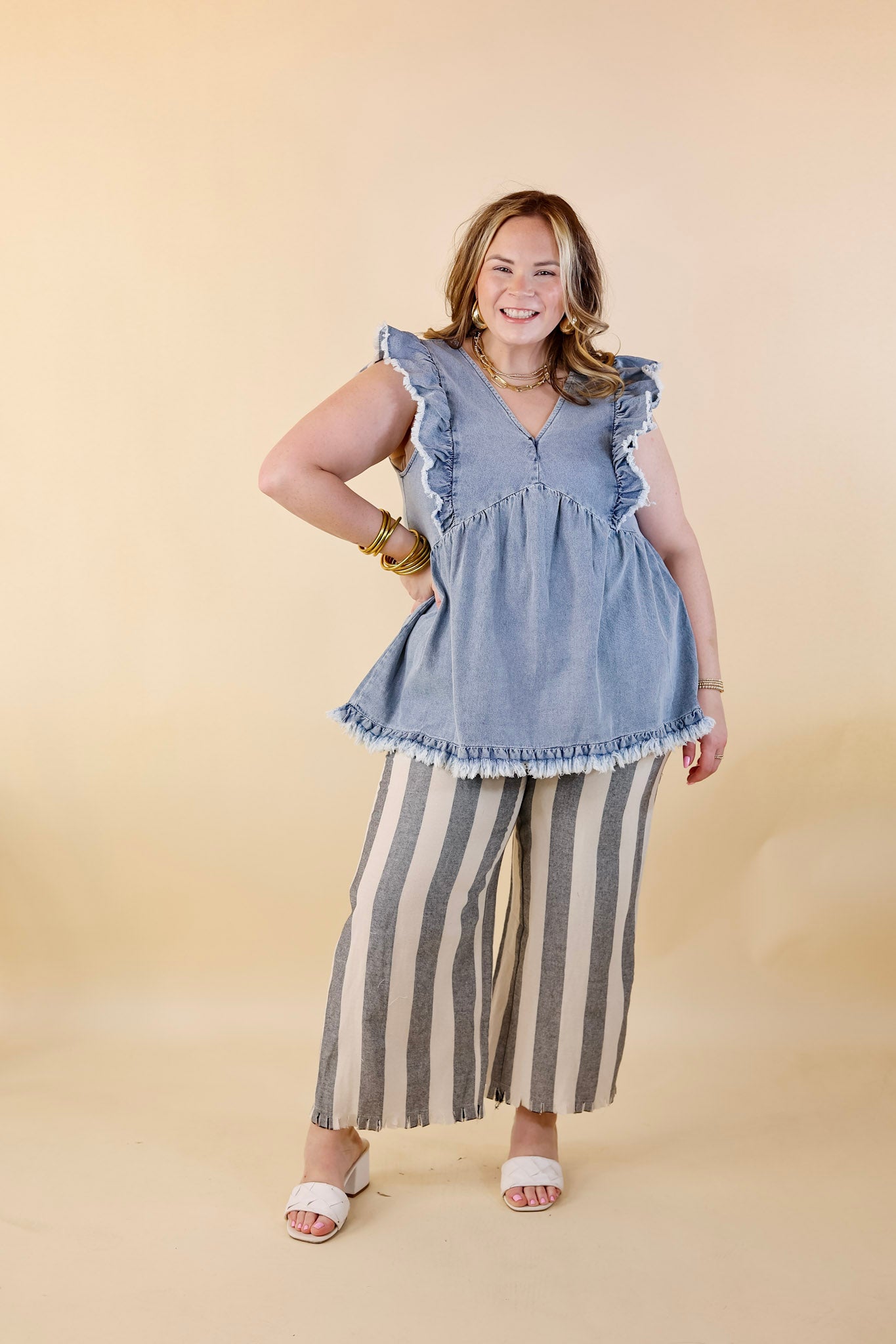 Name Of The Game Denim Ruffle Cap Sleeve Top in Medium Wash - Giddy Up Glamour Boutique