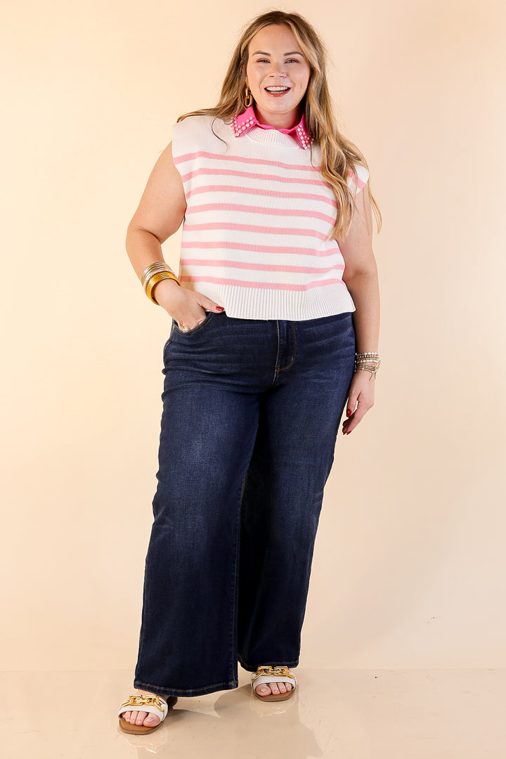 Stripe Things Up Drop Shoulder Knit Sweater in White with Pink Stripes