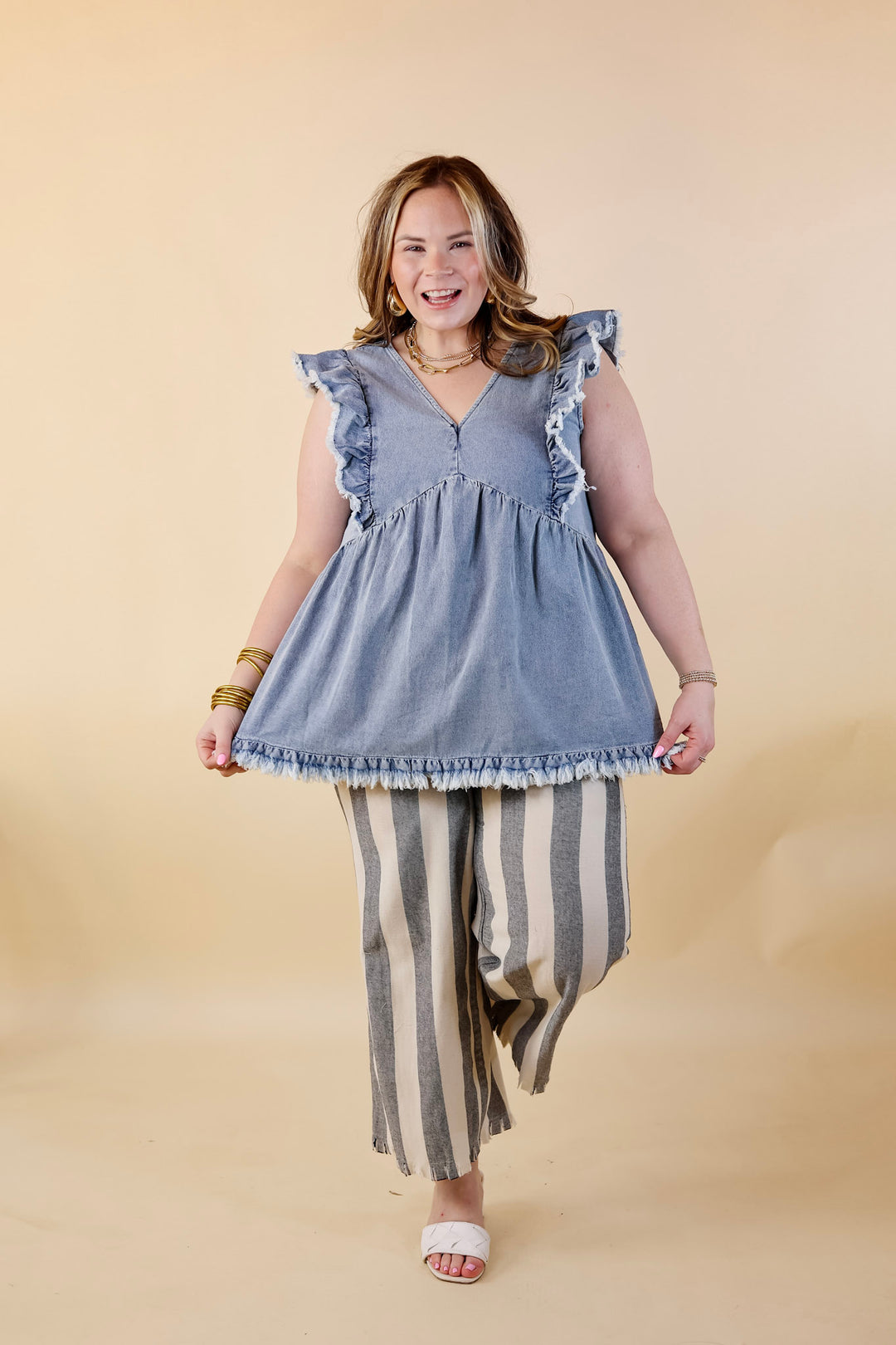 Name Of The Game Denim Ruffle Cap Sleeve Top in Medium Wash - Giddy Up Glamour Boutique