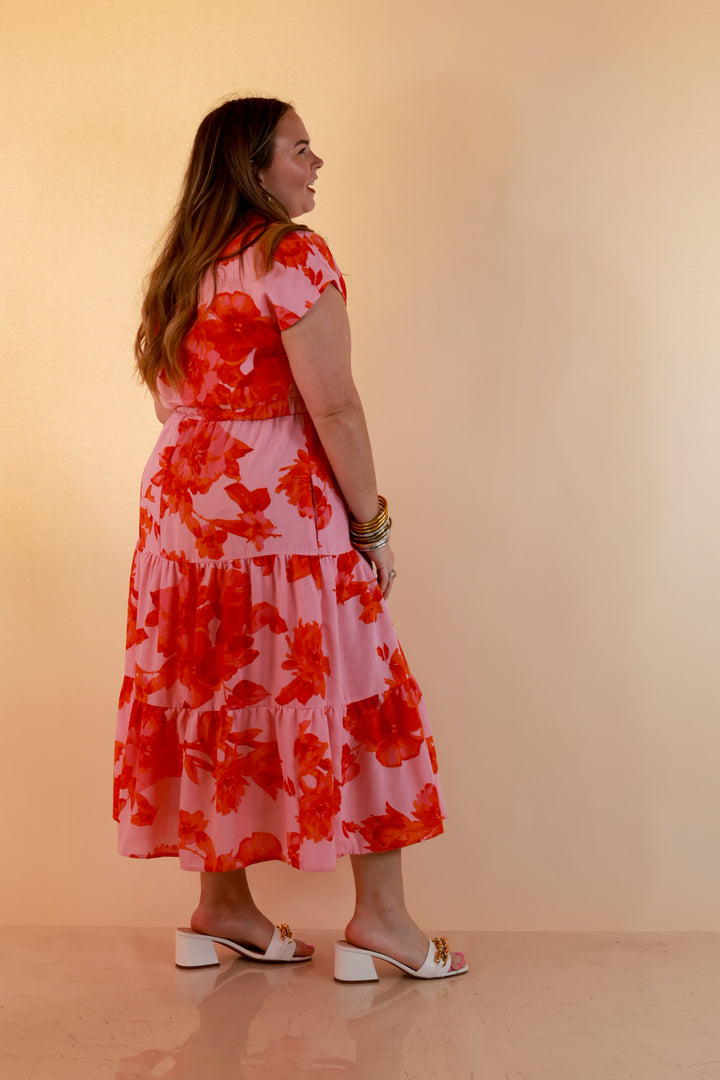 Petals at Play Ric Rac Trim Flutter Sleeve Tiered Midi Dress with Floral Print in Pink and Orange