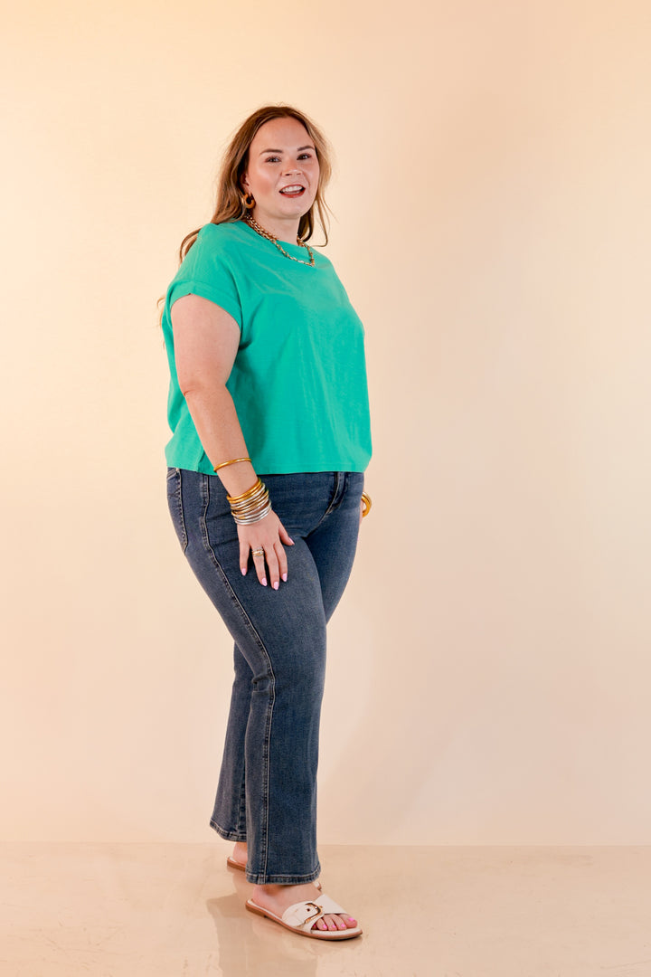 Laidback Luxe Rolled Drop Sleeve Relaxed Fit Basic Short Sleeve Top in Mint Blue
