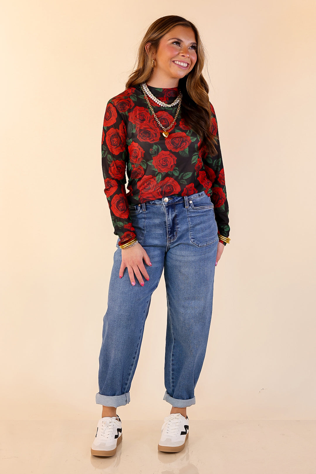 Sheer Confidence Red Rose Print Mesh Long Sleeve Top in Black