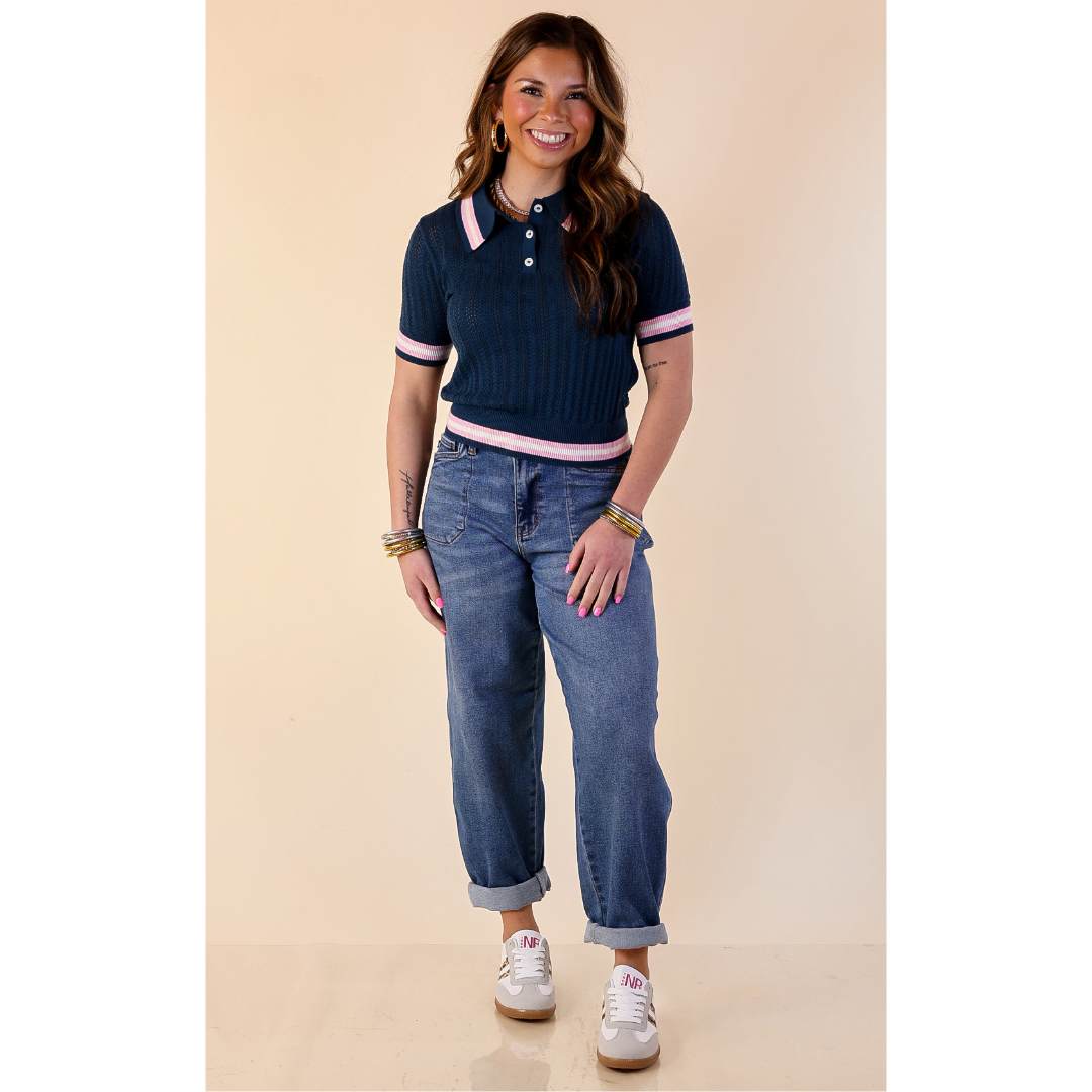 Simply Southern | Clean and Classic Collared Polo Top with Pink and Ivory Trim in Navy Blue