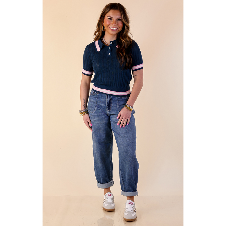Simply Southern | Clean and Classic Collared Polo Top with Pink and Ivory Trim in Navy Blue