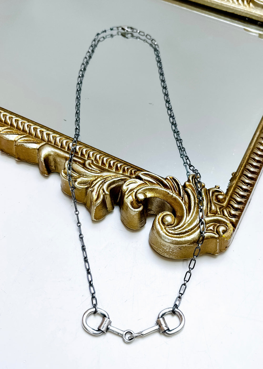 Sterling silver snaffle bit horse necklace with adjustable chain, minimalist western jewelry handmade by Native American artist