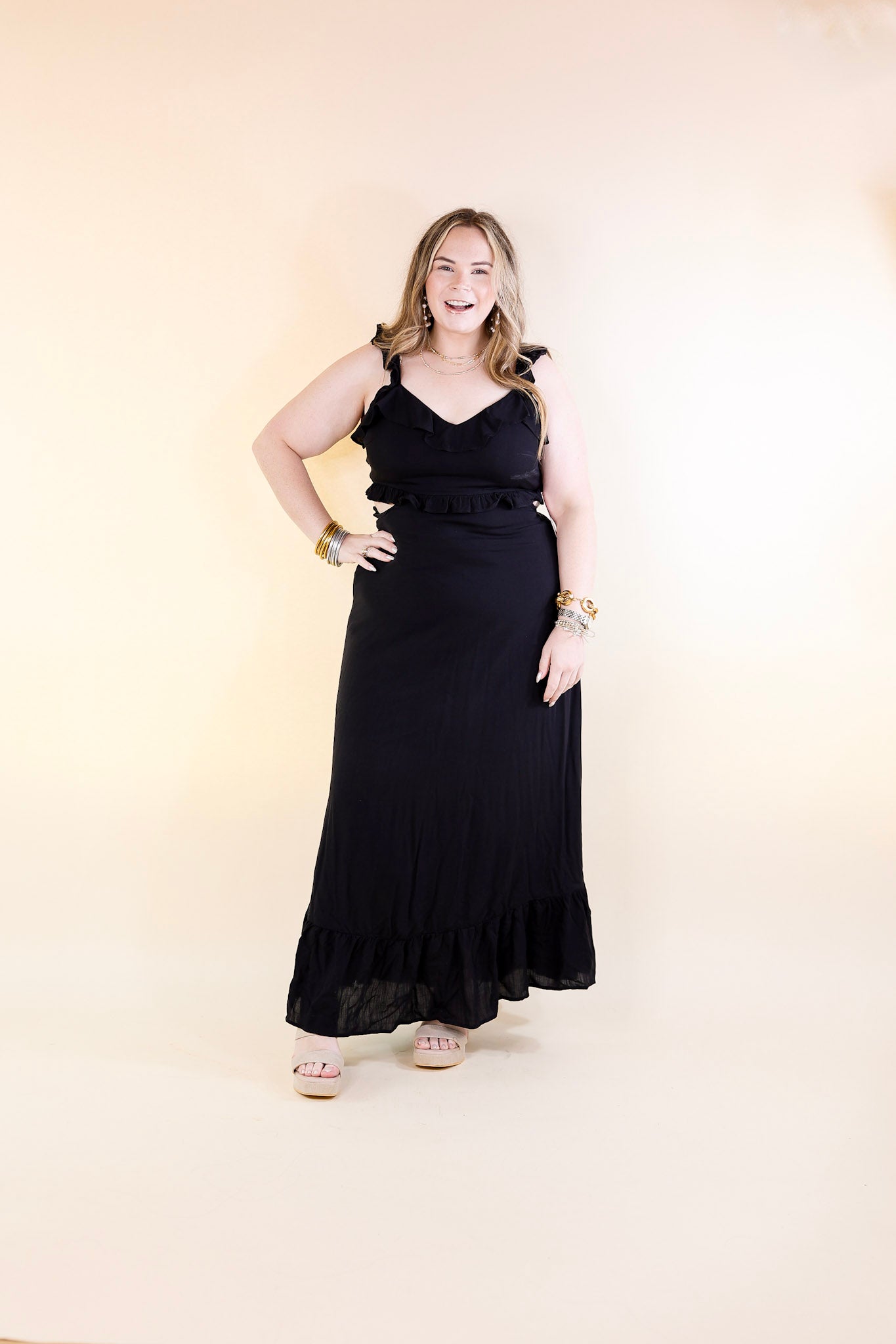 Talk About Beauty Tank Maxi Dress With Cutouts and Ruffles in Black