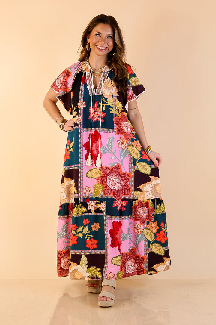 Patchwork Poise Floral Patchwork Print Midi Dress with Tassel Tie Neckline and Flutter Sleeves in Pink Mix