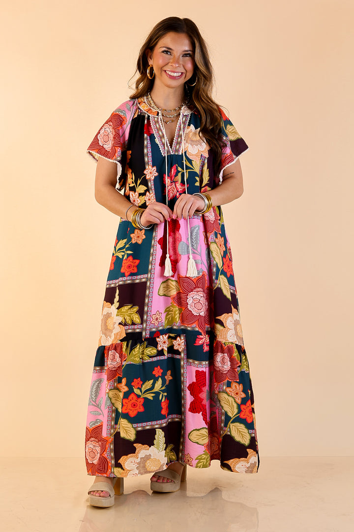 Patchwork Poise Floral Patchwork Print Midi Dress with Tassel Tie Neckline and Flutter Sleeves in Pink Mix