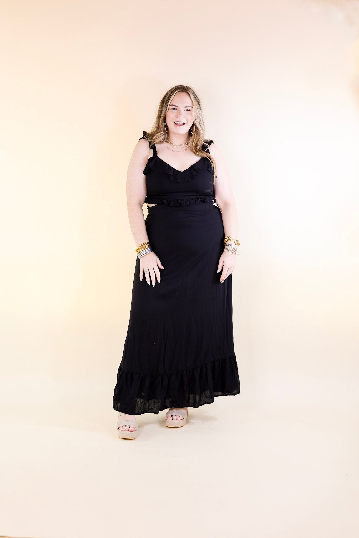 Talk About Beauty Tank Maxi Dress With Cutouts and Ruffles in Black