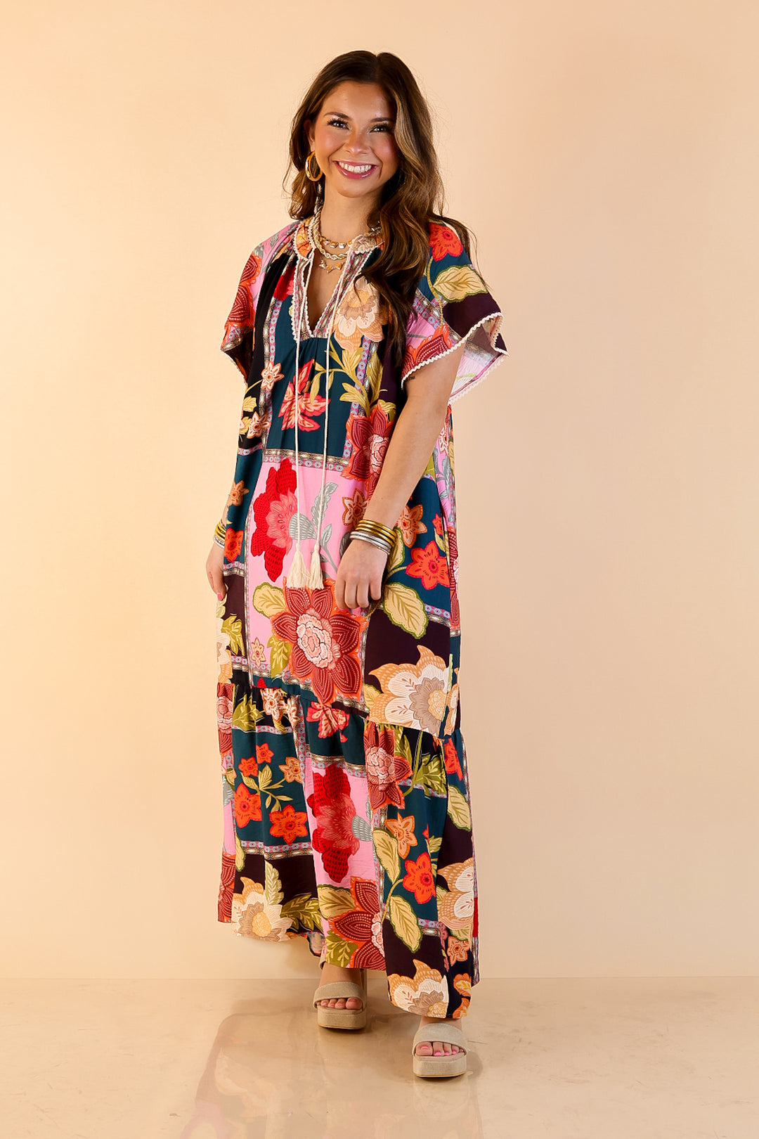 Patchwork Poise Floral Patchwork Print Midi Dress with Tassel Tie Neckline and Flutter Sleeves in Pink Mix