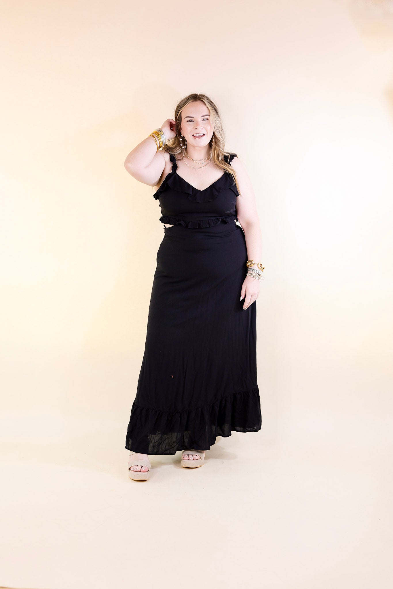 Talk About Beauty Tank Maxi Dress With Cutouts and Ruffles in Black