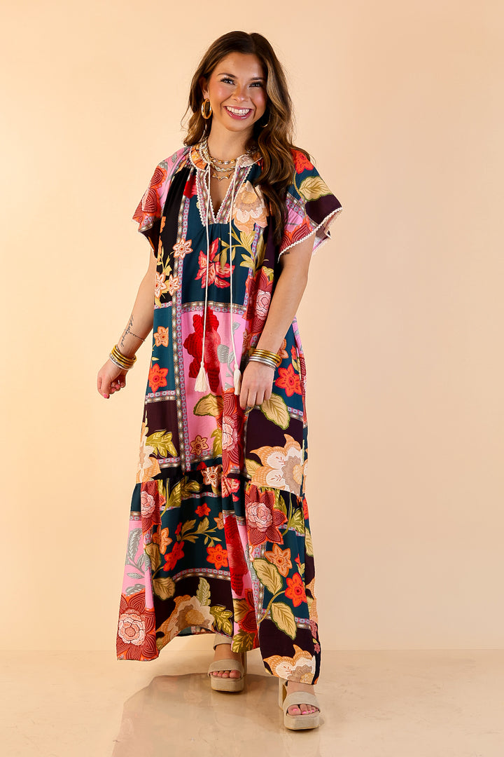Patchwork Poise Floral Patchwork Print Midi Dress with Tassel Tie Neckline and Flutter Sleeves in Pink Mix