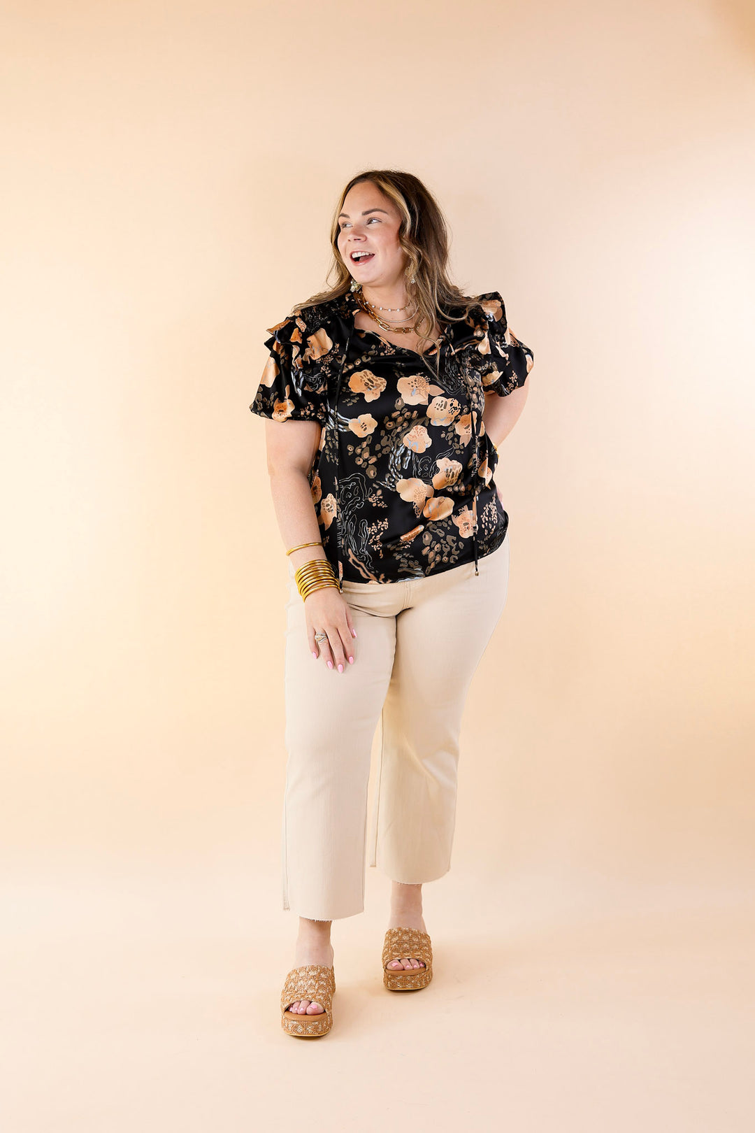 One And Only Mix Print Satin Blouse with Keyhole Front in Black - Giddy Up Glamour Boutique