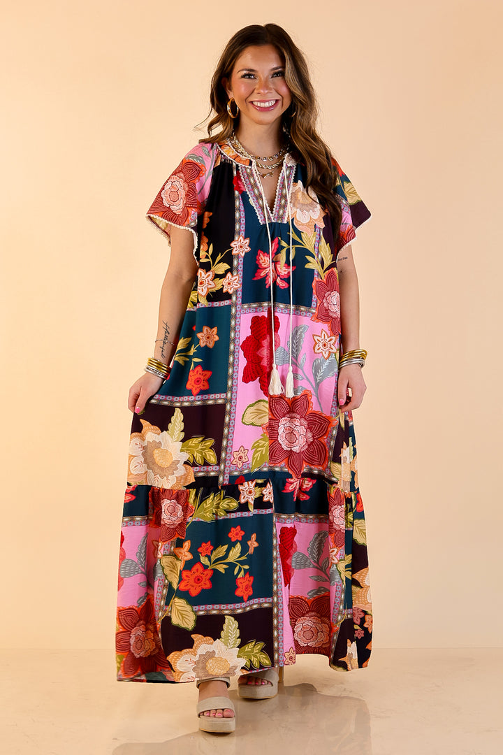 Patchwork Poise Floral Patchwork Print Midi Dress with Tassel Tie Neckline and Flutter Sleeves in Pink Mix