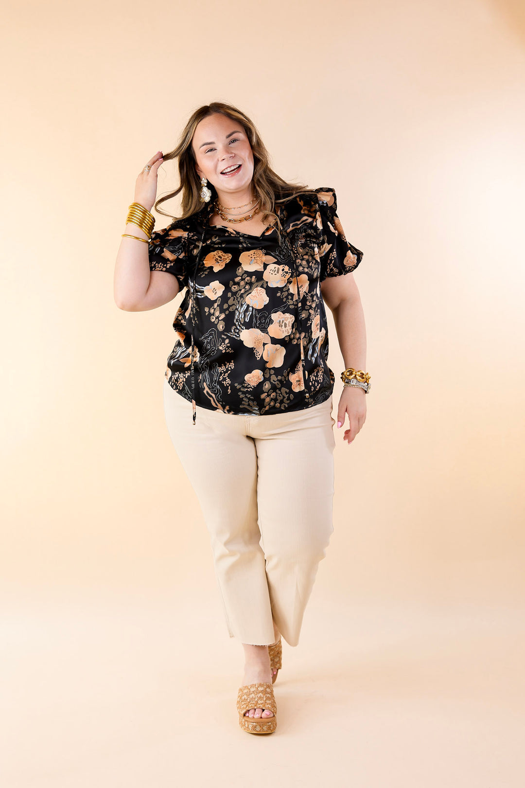 One And Only Mix Print Satin Blouse with Keyhole Front in Black - Giddy Up Glamour Boutique