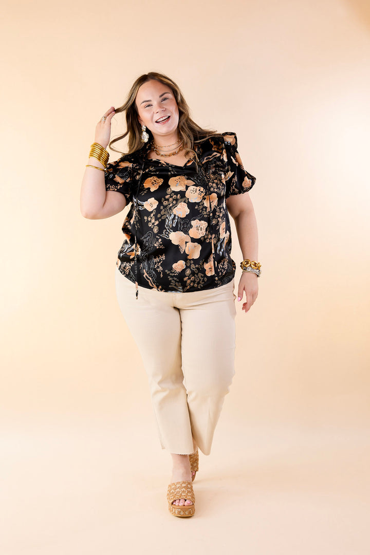 One And Only Mix Print Satin Blouse with Keyhole Front in Black - Giddy Up Glamour Boutique
